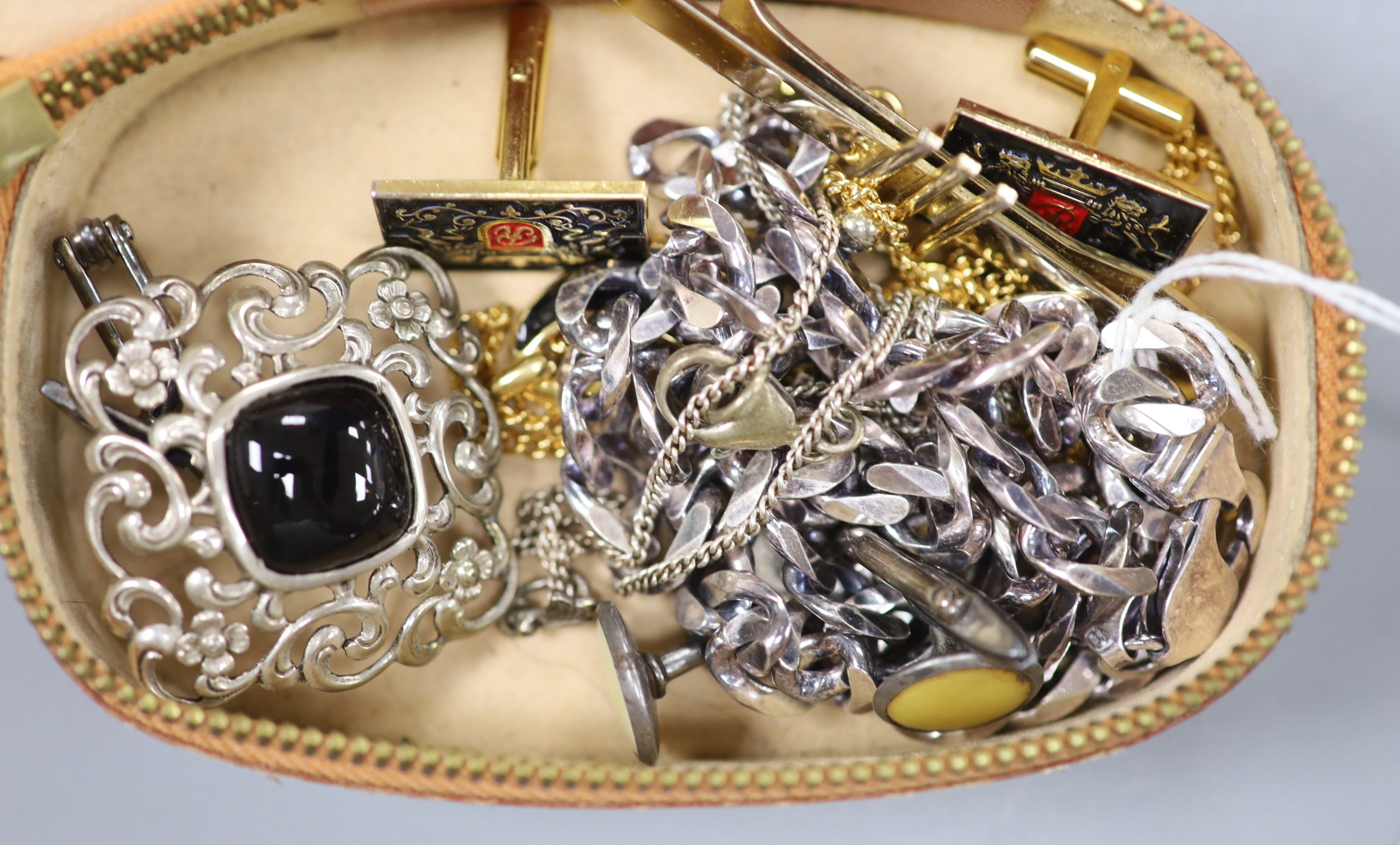 A quantity of silver and costume jewellery, coins and banknotes, including a silver curb-link chain necklace